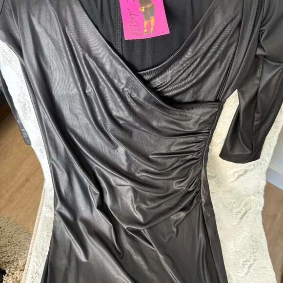BETSEY JOHNSON | Black Vegan Liquid Leather Wrap Dress | Deep V Plunge | NWT | L - Picture 7 of 11